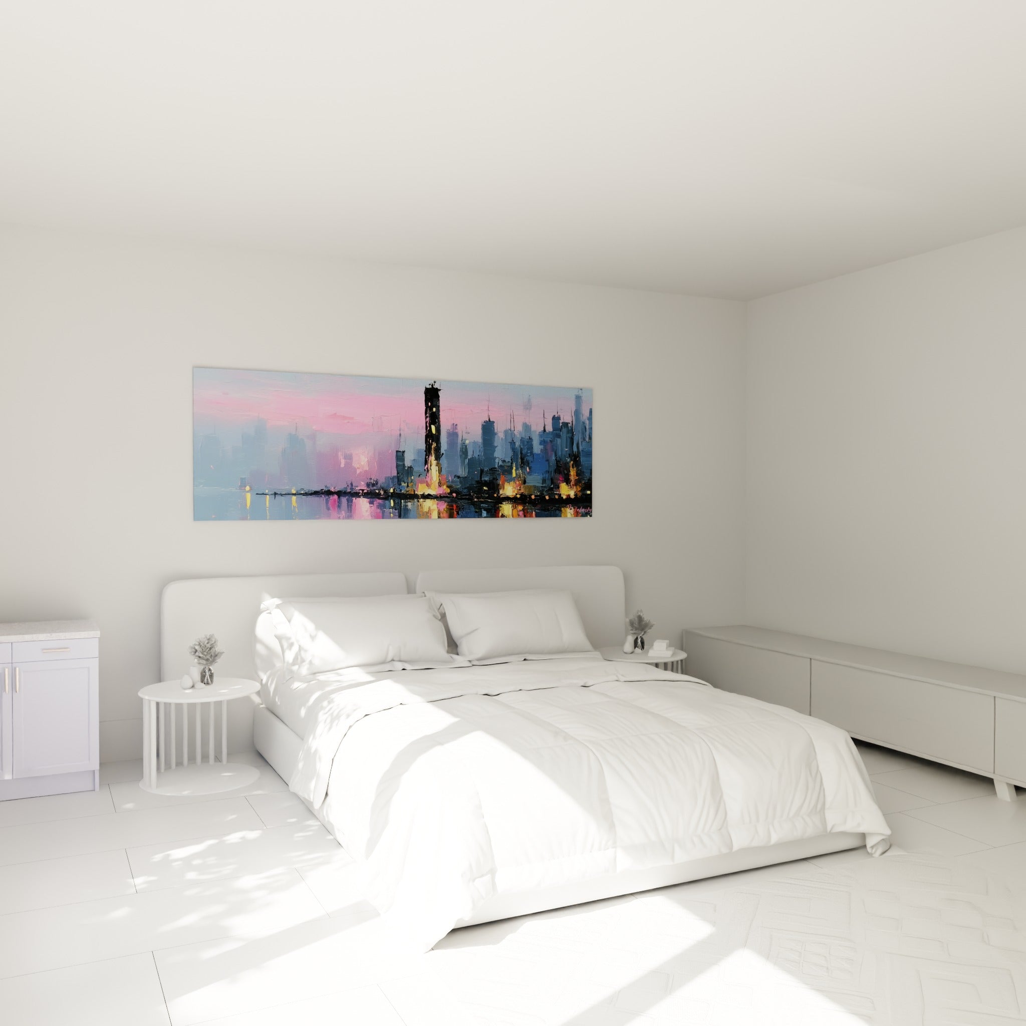 Gratte-ciel roses et bleus, reflets dorés sur l'eau, au-dessus d'un lit dans une chambre claire