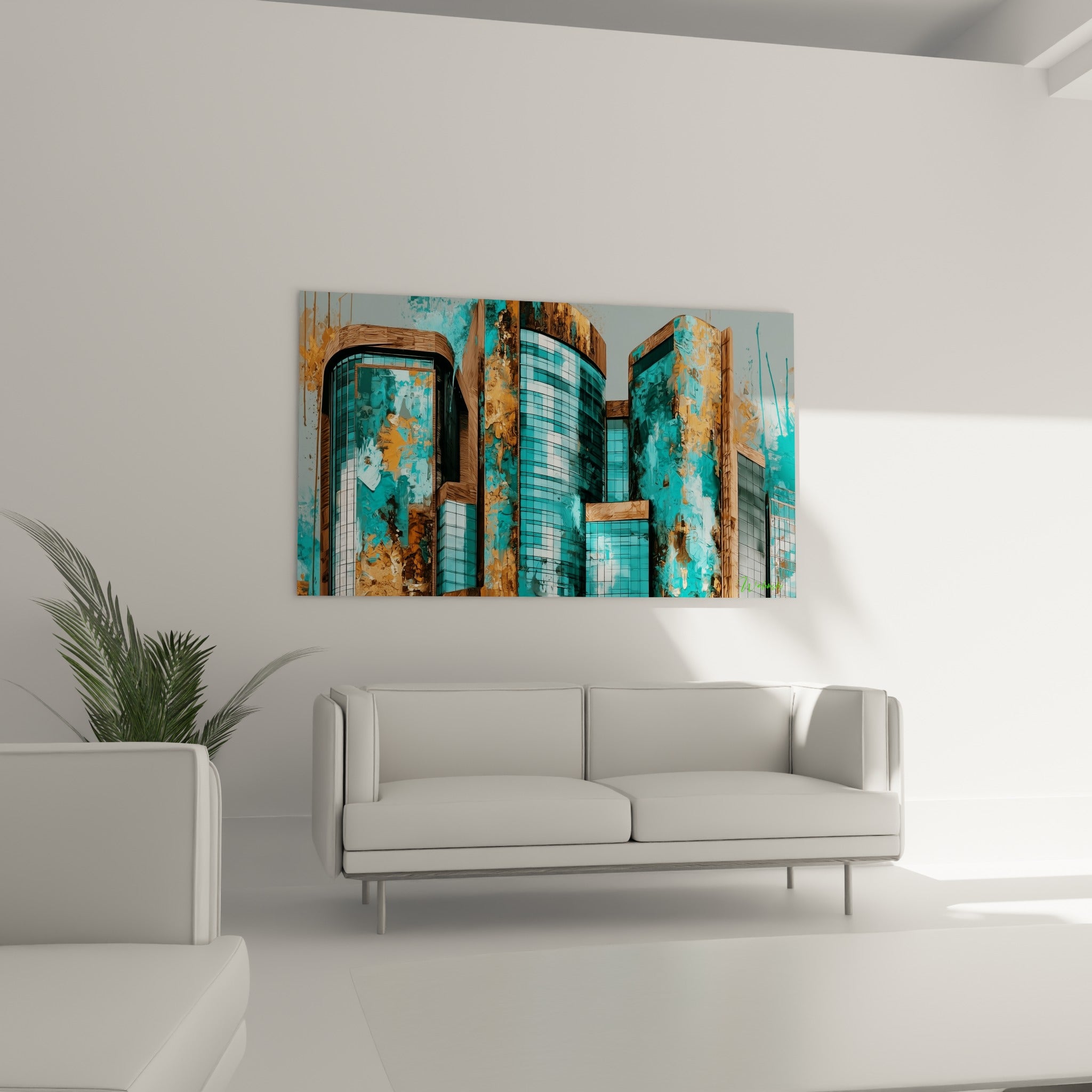 Gratte-ciel bleu turquoise et doré, tableau architecture abstraite au-dessus d'un canapé dans un salon lumineux