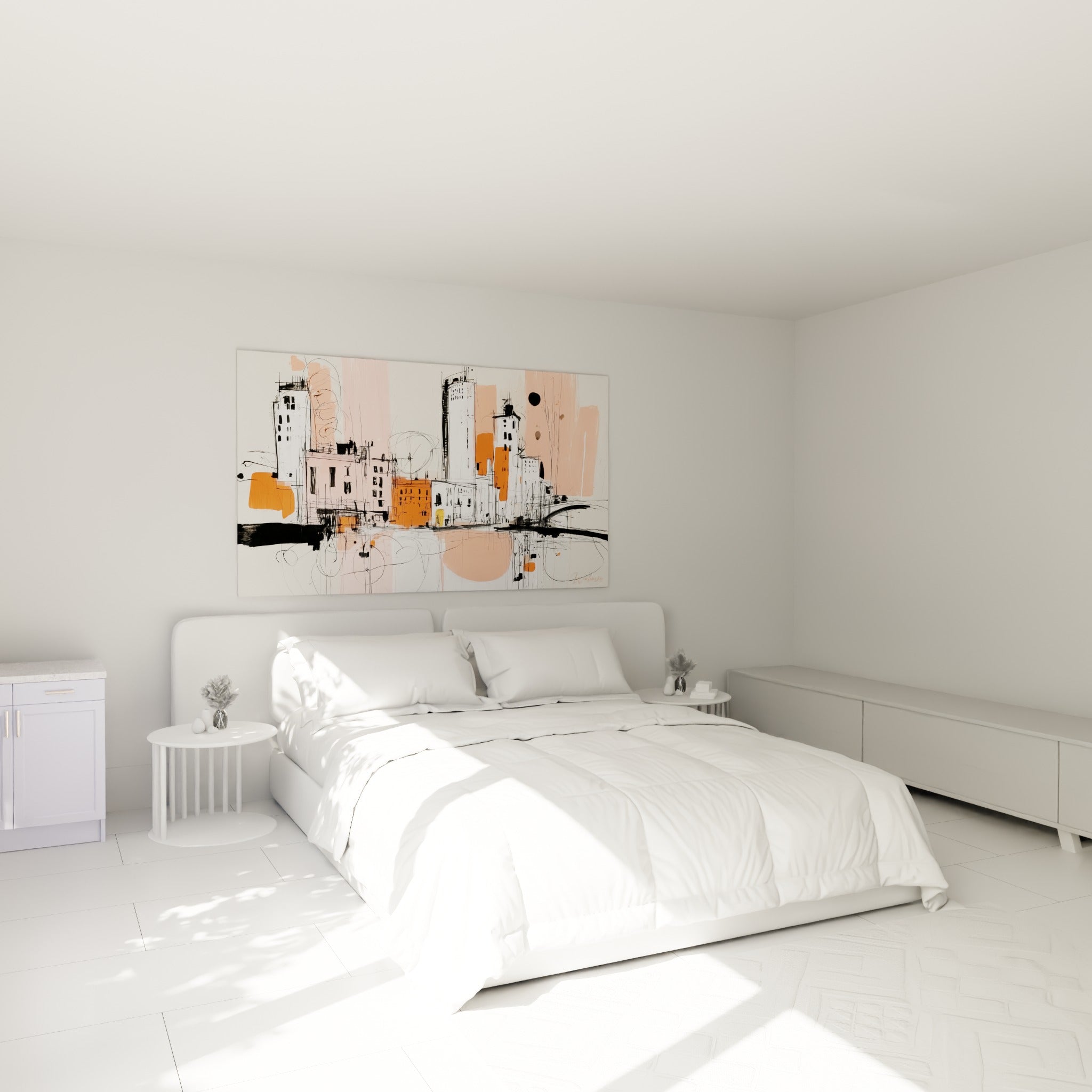 Gratte-ciel griffonnés en orange et rose pâle, accrochés au-dessus d'un lit dans une chambre claire