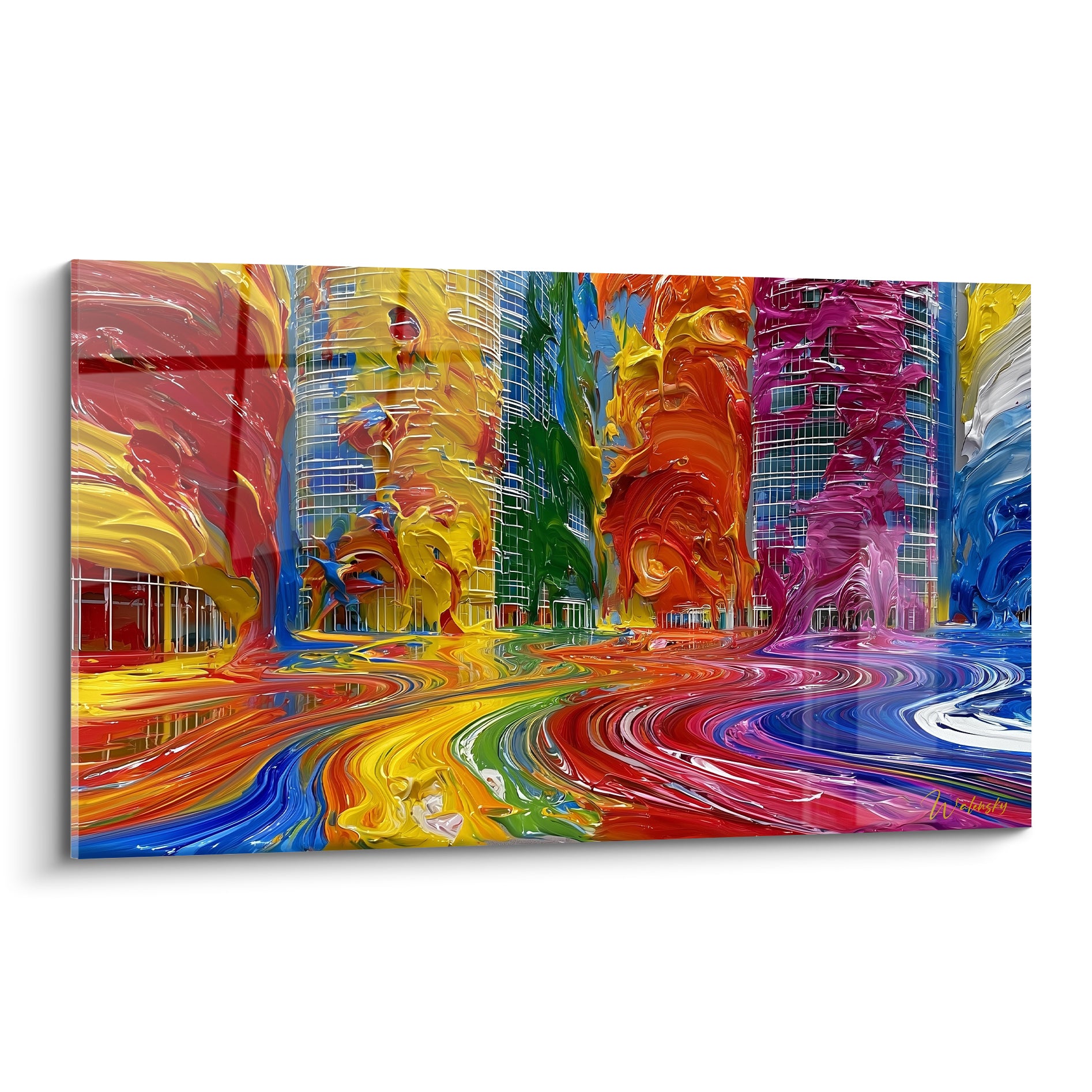 Gratte-ciel fondus en rouge et bleu, coulures vives sur toile abstraite architecturale