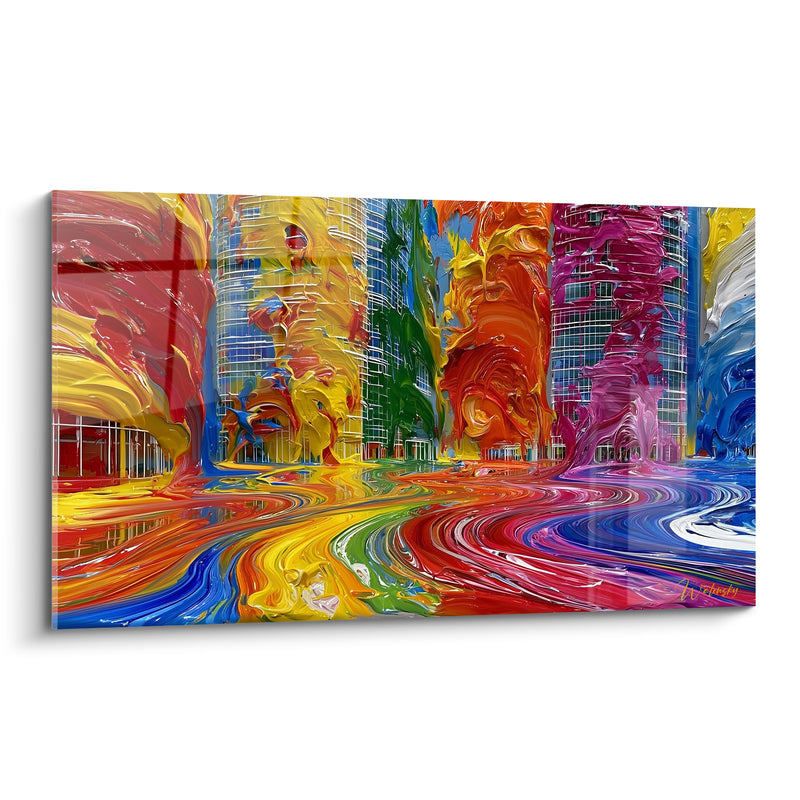 Gemälde Wolkenkratzer gelb und magenta mit fließenden Läufern - Straße im Schmelzregen Regenbogen - Architektur Edition abstrakte Kunst