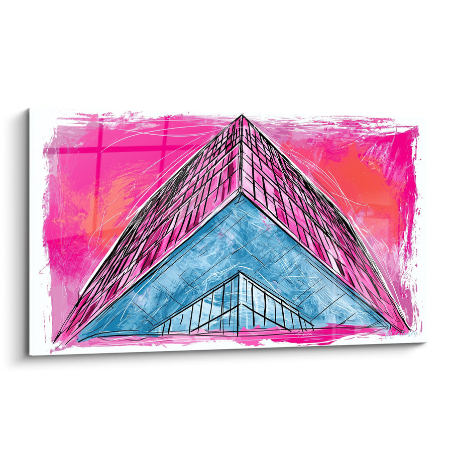 Gemälde Wolkenkratzer in Rosa Fuchsia und Blaue Glasmalerei – Vertikaler Schwung – Architektur Edition Abstrakt