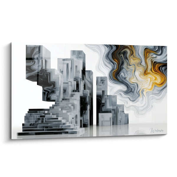 Cuadro Rascacielos antracita y humo dorado - Ciudad en disolución - Edición Arquitectura abstracta
