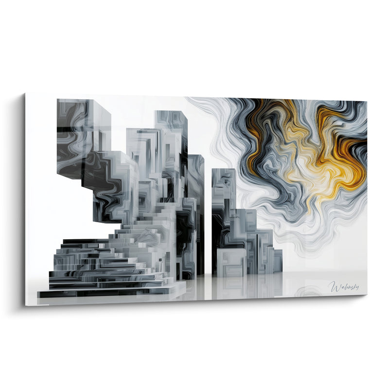 Anthracite and Golden Smoke Skyscraper Painting - Dissolving City - Abstract Architecture Edition