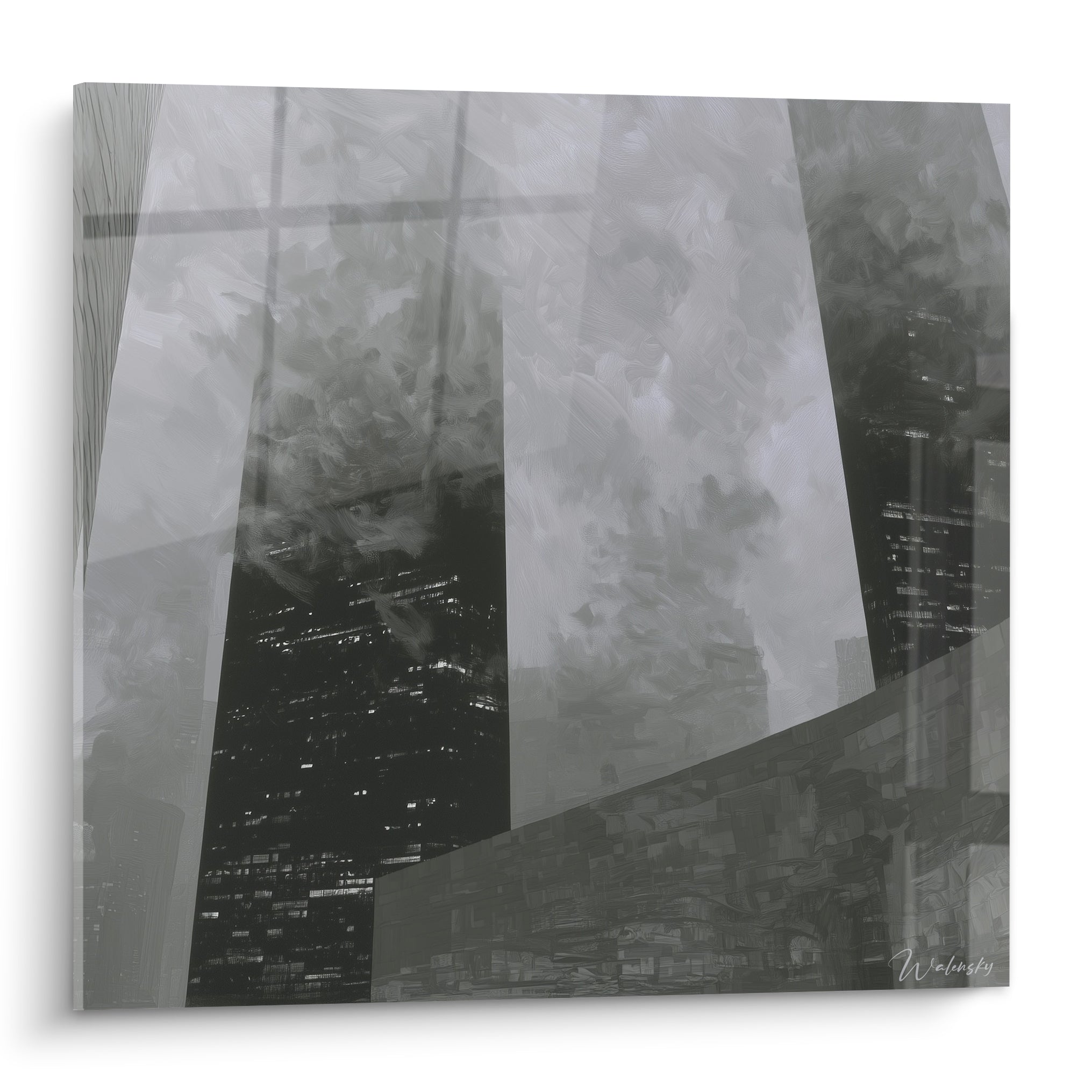 Gratte-ciel gris et noir fondus dans la brume, fenêtres éclairées, traitement pictural texturé