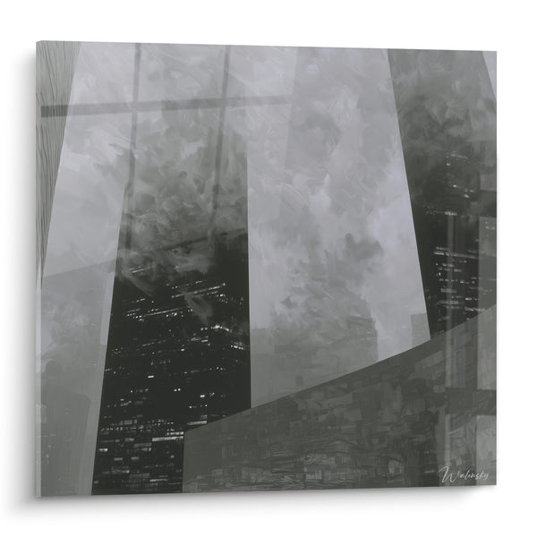 Cuadro Rascacielos gris y negro ventanas iluminadas - Vigilia urbana nocturna - Edición Arquitectura abstracta