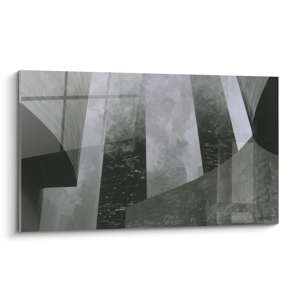 Cuadro Rascacielos gris y negro con fachadas superpuestas - Ventanas iluminadas nocturnas - Edición Arquitectura abstracta
