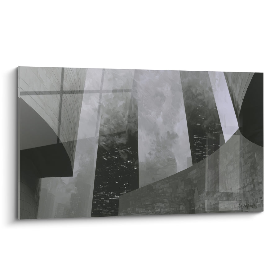 Graffiti Wolkenkratzer in Grau und Schwarz mit übereinanderliegenden Fassaden - Nachtlichter aus Fenstern - Architektur Edition Abstrakte Kunst