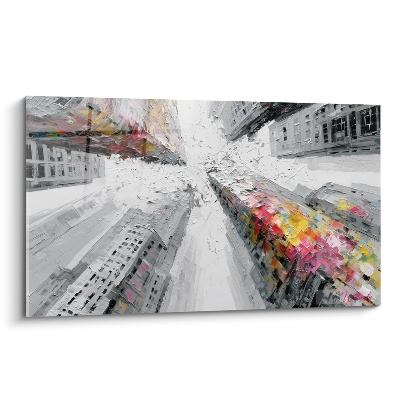 Tableau Gratte-ciel gris et rose vus d'en bas - Perspective vers le ciel - Edition Architecture abstrait