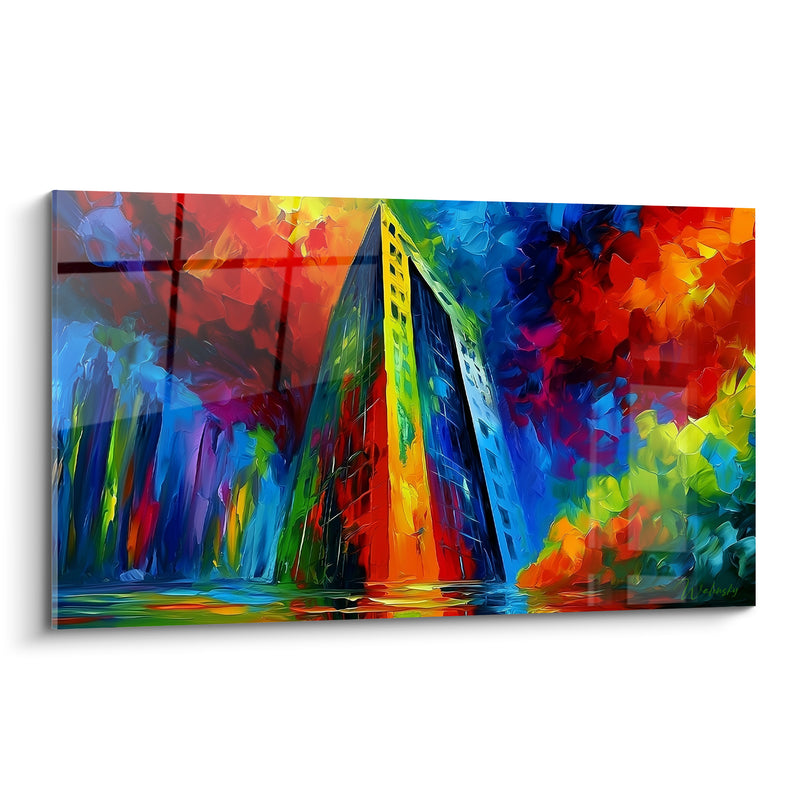 Leinwand Dreieckiger Wolkenkratzer Rot und Blau auf Buntwasser - Städtische Glut - Edition Abstrakte Architektur