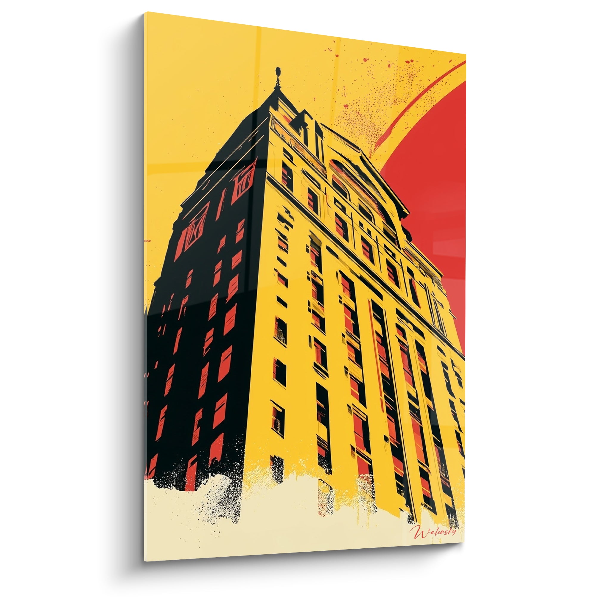 Gratte-ciel jaune et rouge en contre-plongée, façade noire, style affiche graphique urbaine