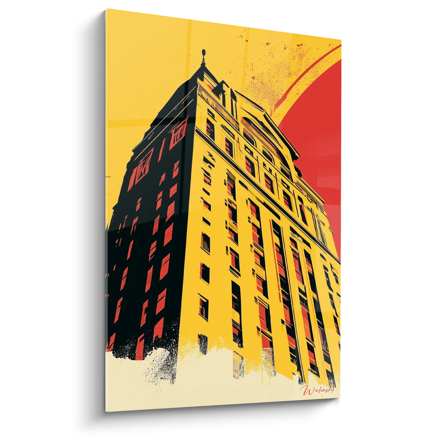 Gemälde Wolkenkratzer gelb und schwarz in roter Sonne - Turmspitze verziert - Architektur Edition abstrakte Kunst