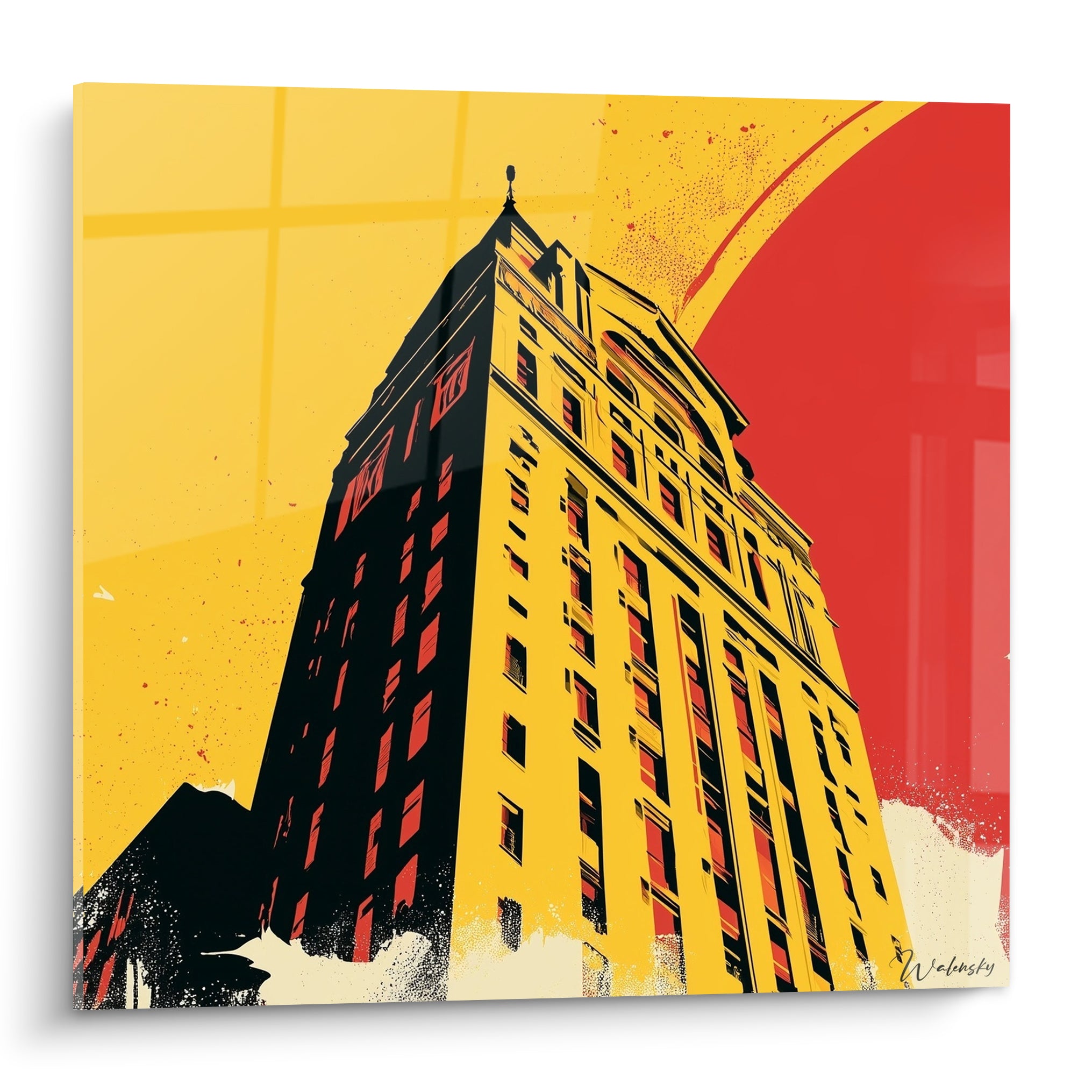 Gratte-ciel jaune et rouge en contre-plongée, façade anthracite, style architecture abstrait graphique