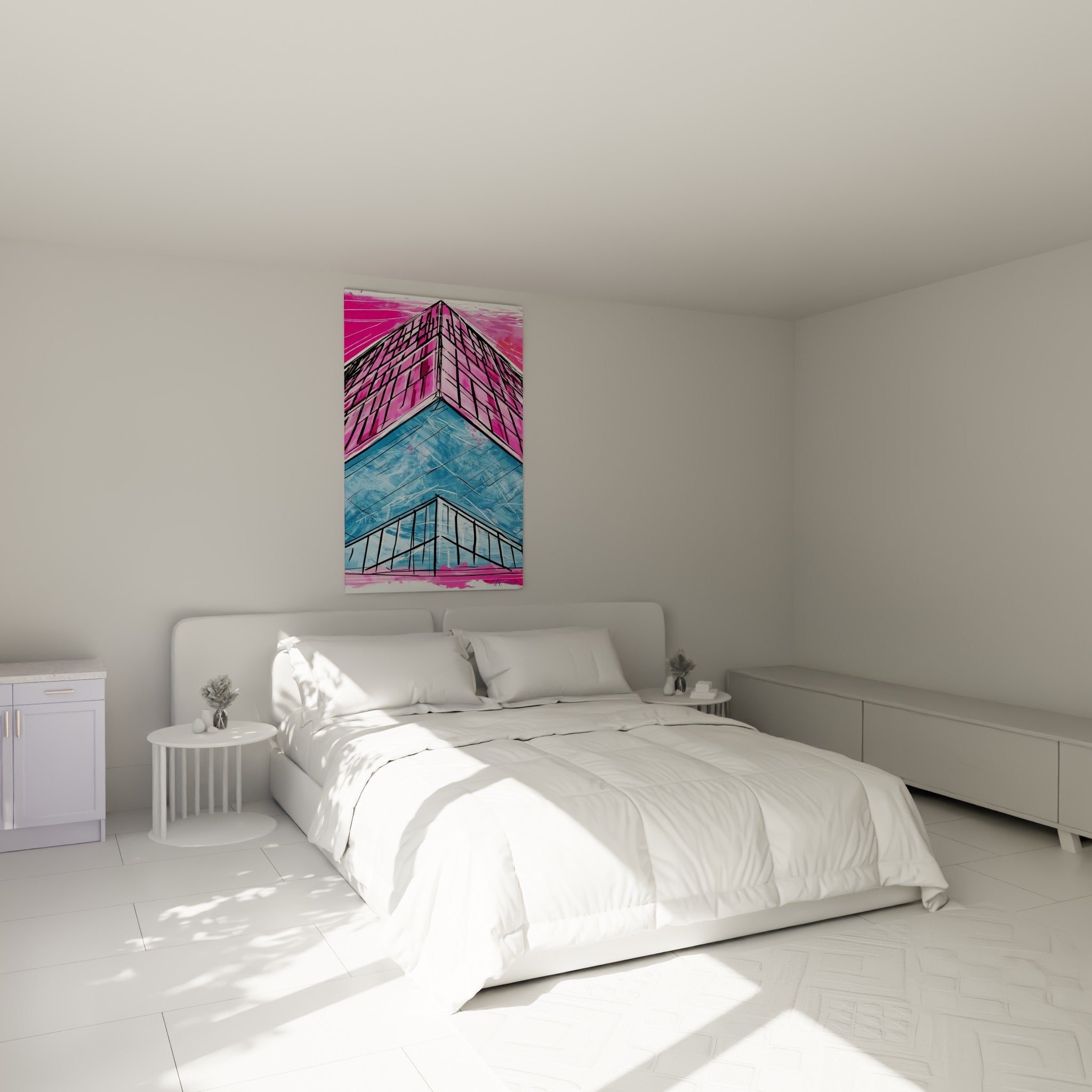 Immeuble stylisé rose et bleu ardoise aux traits graphiques, accroché au-dessus d'un lit dans une chambre claire