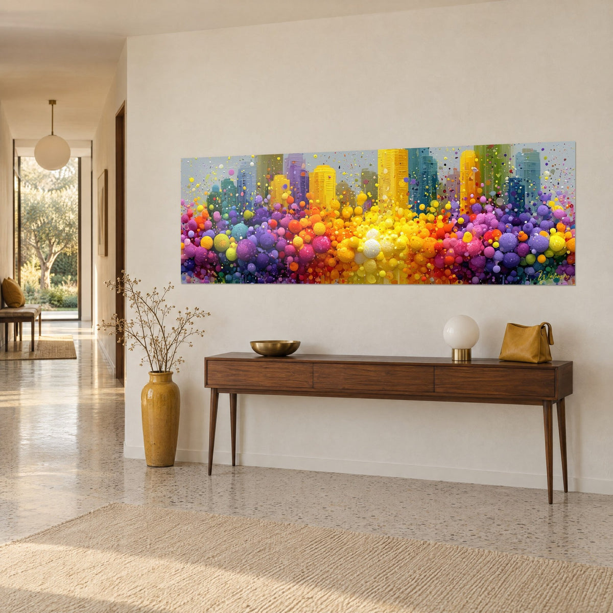 Wall art abstract urban panorama, ochre and violet towers rising from a cloud of pink beads, on a cream wall, three-quarter view