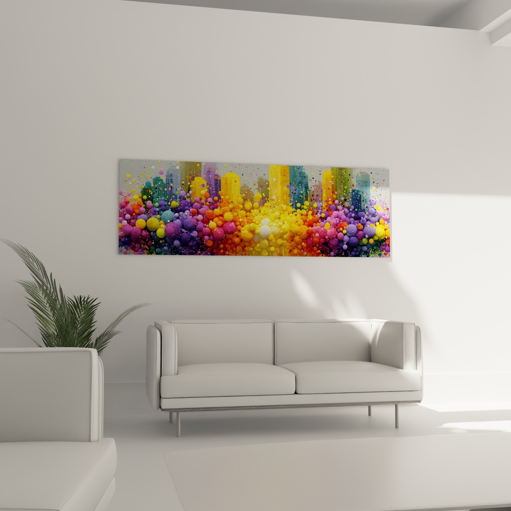 Bulles orange et turquoise de ce tableau architecture abstrait au-dessus d'un canapé dans un salon lumineux