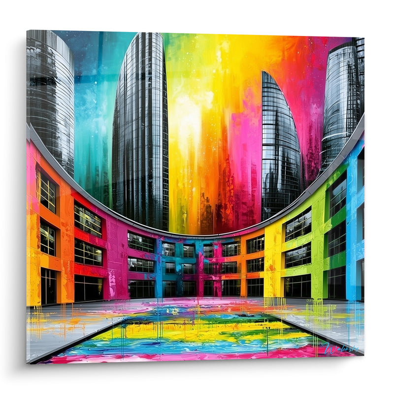 Tableau Cour incurvée multicolore aux tours noires élancées - Bassin réfléchissant au sol - Edition Architecture abstrait