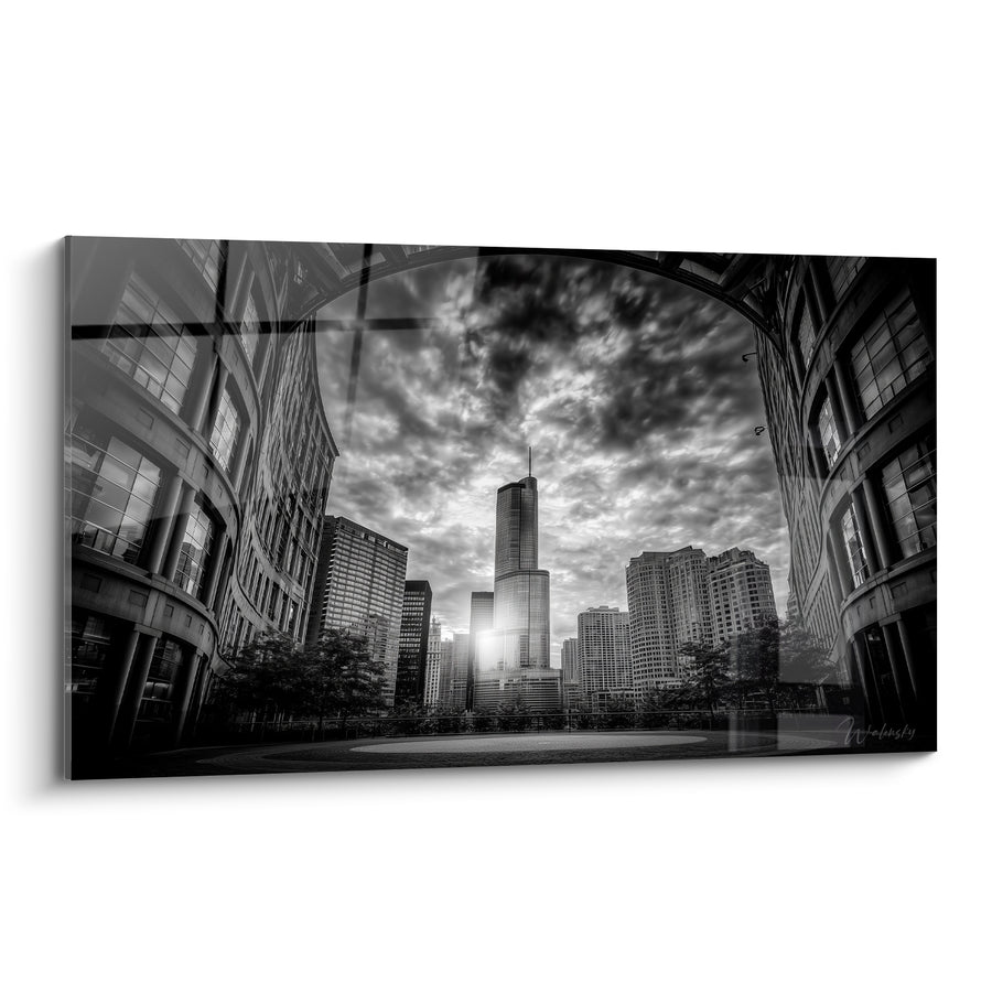 Tableau Gratte-ciel noir et blanc au soleil perçant - Percée urbaine - Edition Architecture abstrait
