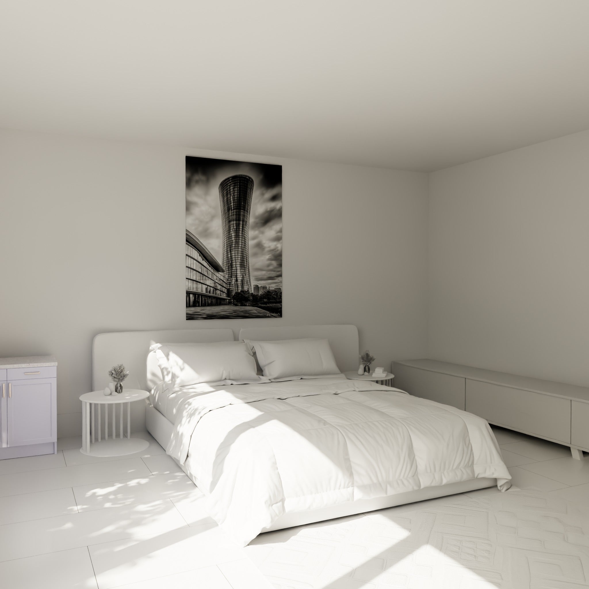 Tour cylindrique anthracite et ciel nuageux, tableau architecture abstrait au-dessus d'un lit dans une chambre claire