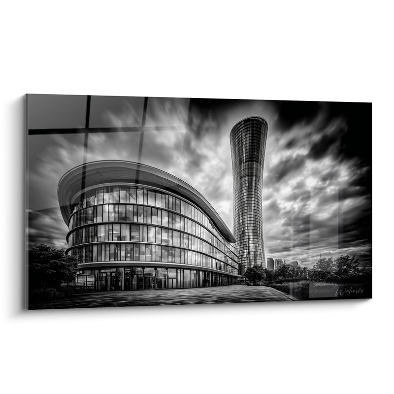 Tableau Gratte-ciel noir et blanc aux courbes futuristes - Ciel en tourmente - Edition Architecture abstrait