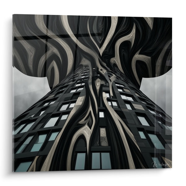 Cuadro Rascacielos negro y beige con volutas flameantes - Ventanas en hilera - Edición Arquitectura abstracta