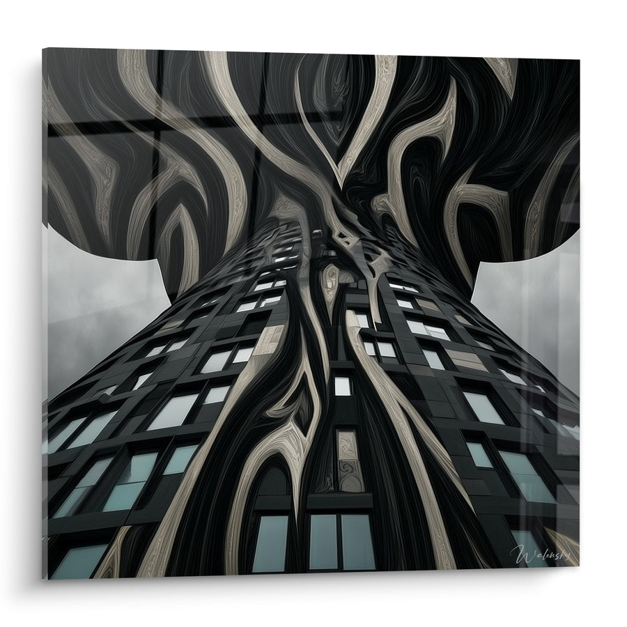 Leinwand Wolkenkratzer schwarz und beige mit flammenden Spiralen - Fenster in Reihe - Architektur Edition abstrakte Kunst
