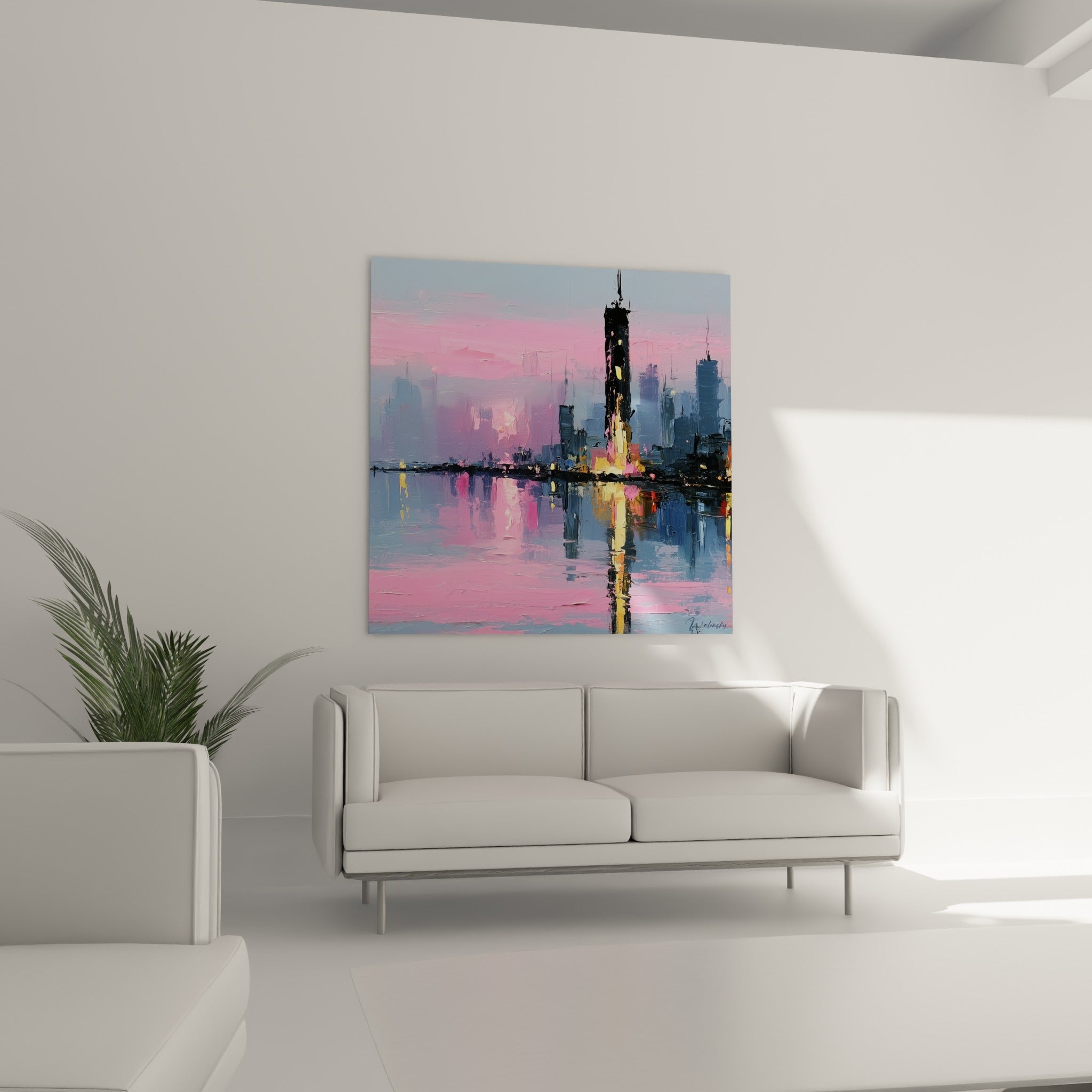 Gratte-ciel doré et ciel rose pastel, tableau architecture abstrait au-dessus d'un canapé dans un salon lumineux