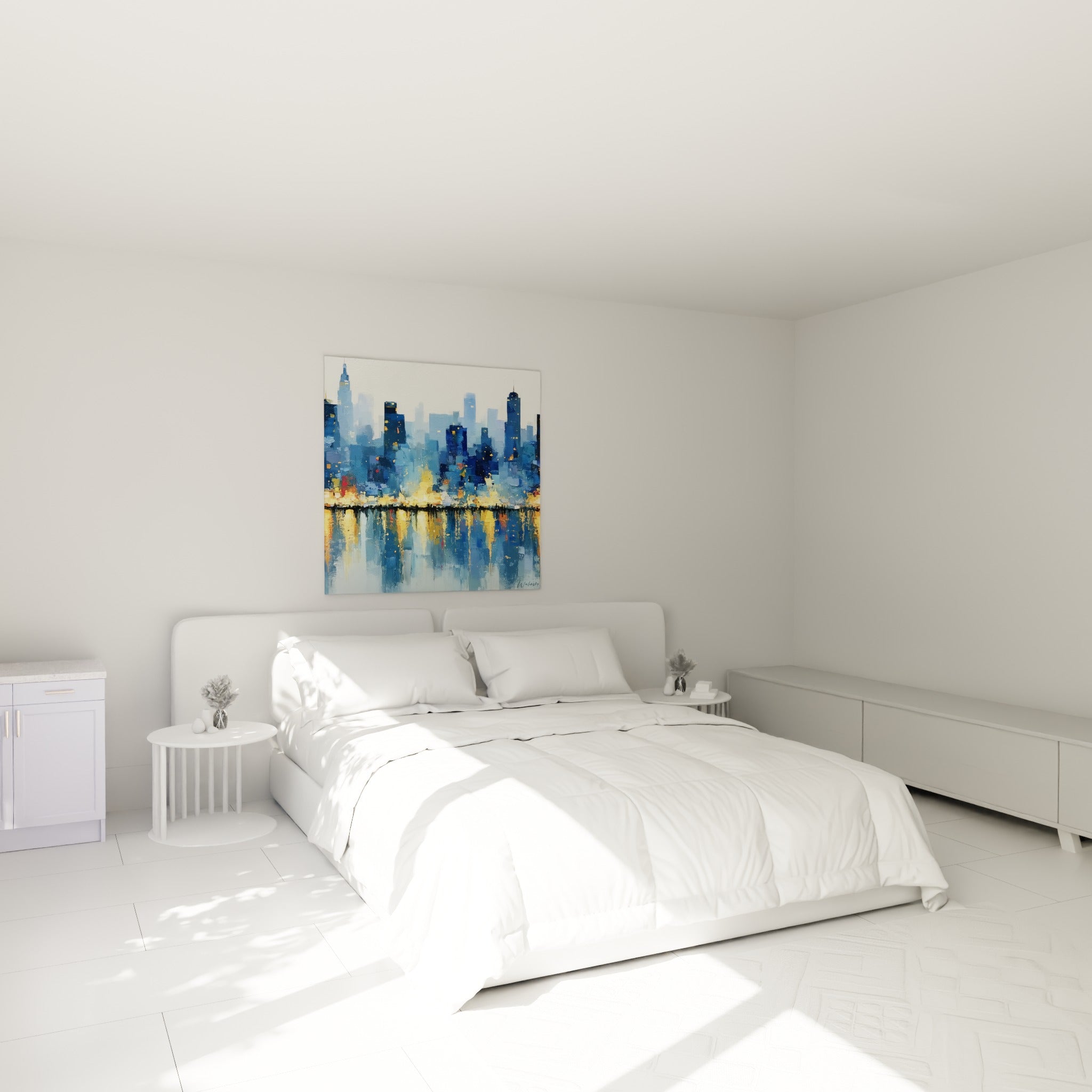 Gratte-ciel bleu profond et lumières dorées reflétées, au-dessus d'un lit dans une chambre claire