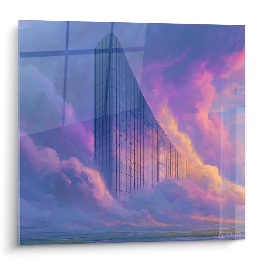 Glasbild Wolkenkratzer blau und rosa - Himmlischer Aufgang - Architektur Edition abstrakt