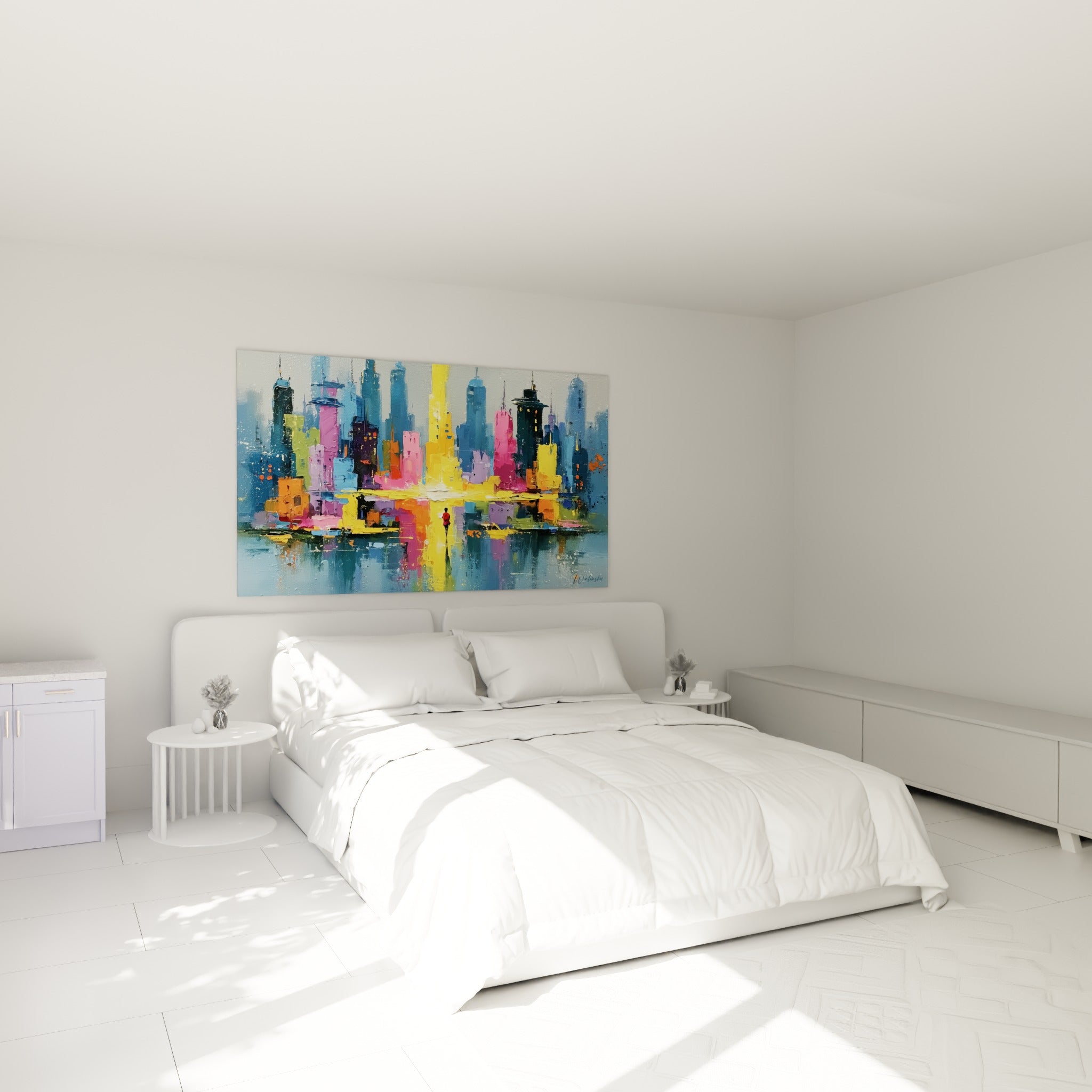 Gratte-ciel colorés en rose fuchsia et bleu ardoise, tableau architecture abstrait au-dessus d'un lit dans une chambre claire
