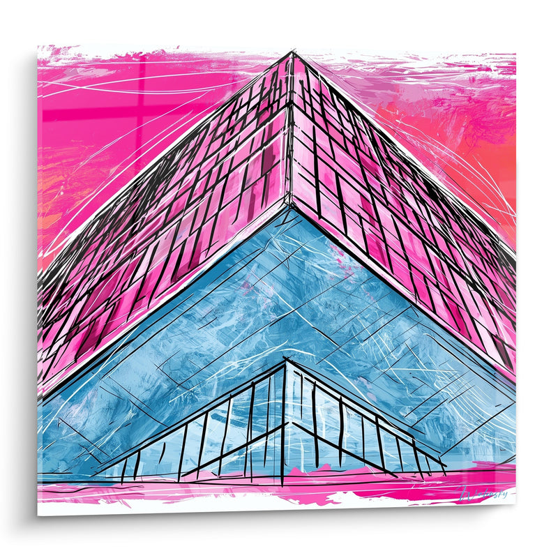 Gemälde Wolkenkratzer rosa und blau mit Skizzenstrich - Höhenangst der Stadt - Architektur Edition Abstrakte