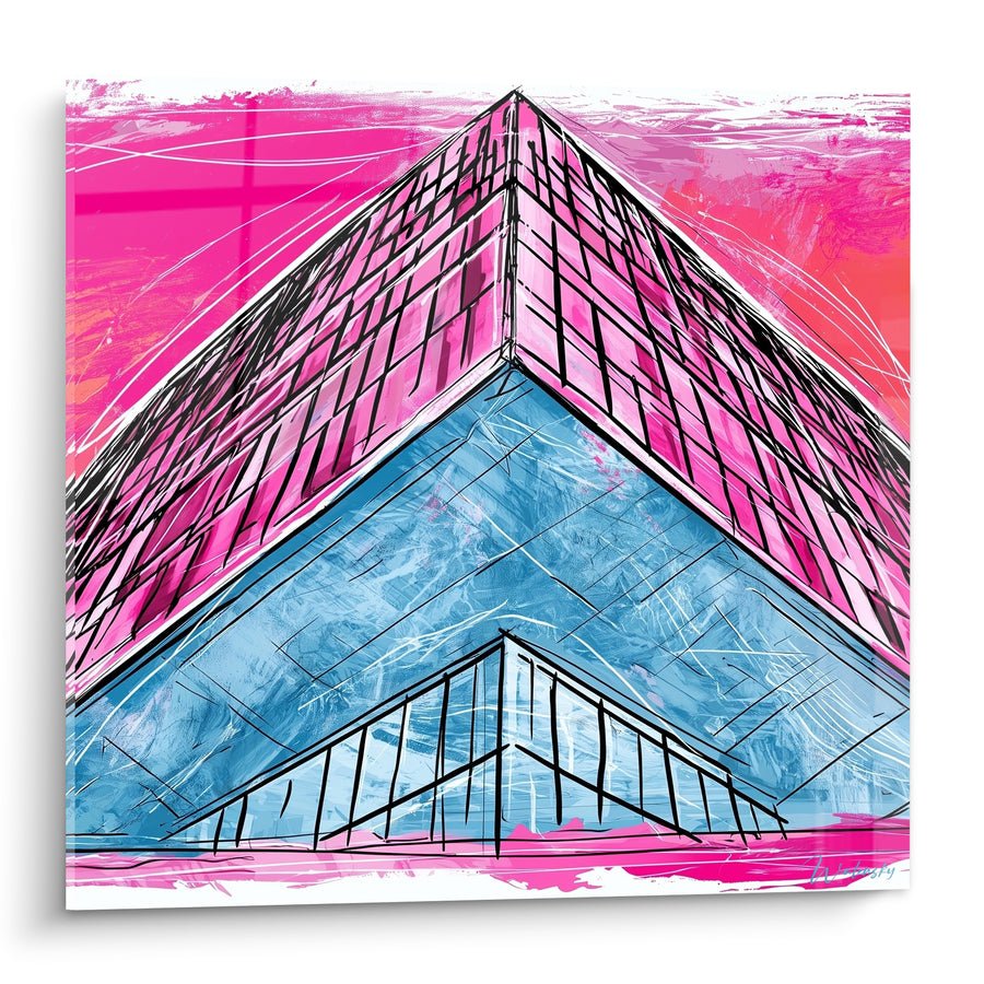 Gemälde Wolkenkratzer rosa und blau mit Skizzenstrich - Höhenangst der Stadt - Architektur Edition Abstrakte
