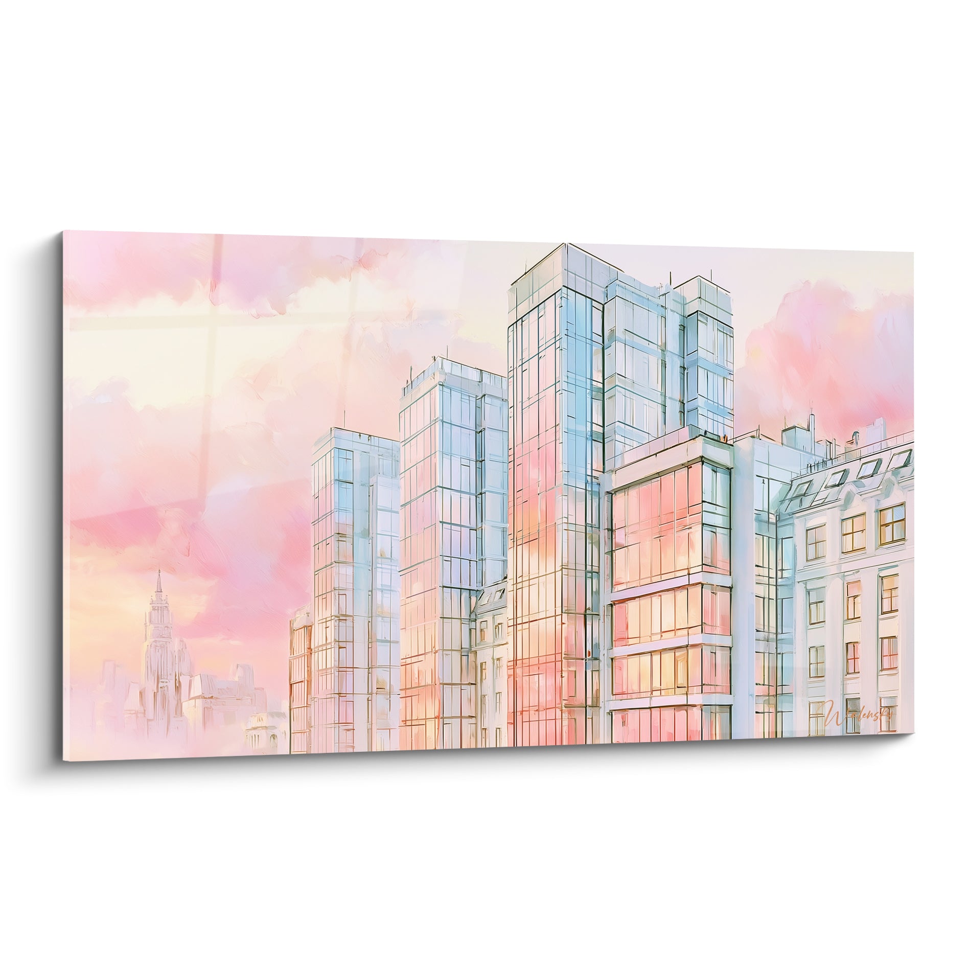 Gratte-ciel roses et bleus aux façades vitrées, ciel nuageux pastel, style aquarelle urbain