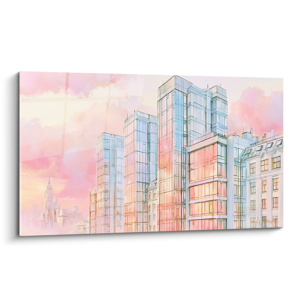 Cuadro de rascacielos rosas con fachadas de vidrio - Amanecer sobre la ciudad - Edición Arquitectura abstracta