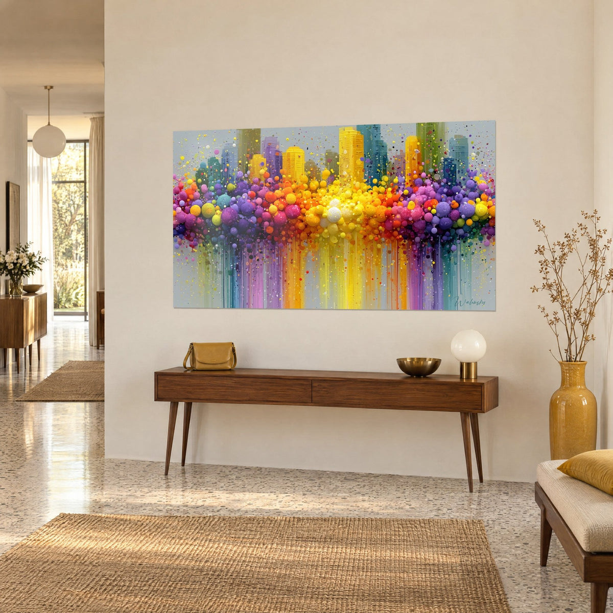 Tableau skyline abstraite de tours ocre et turquoise, gouttes de peinture violettes, vue de trois-quarts au-dessus d'une console en bois