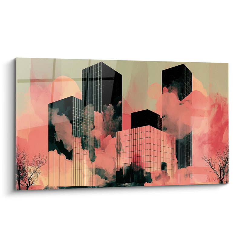 Tableau Gratte-ciel noir et corail aux arbres nus - Nuées de fumée urbaine - Edition Architecture abstrait