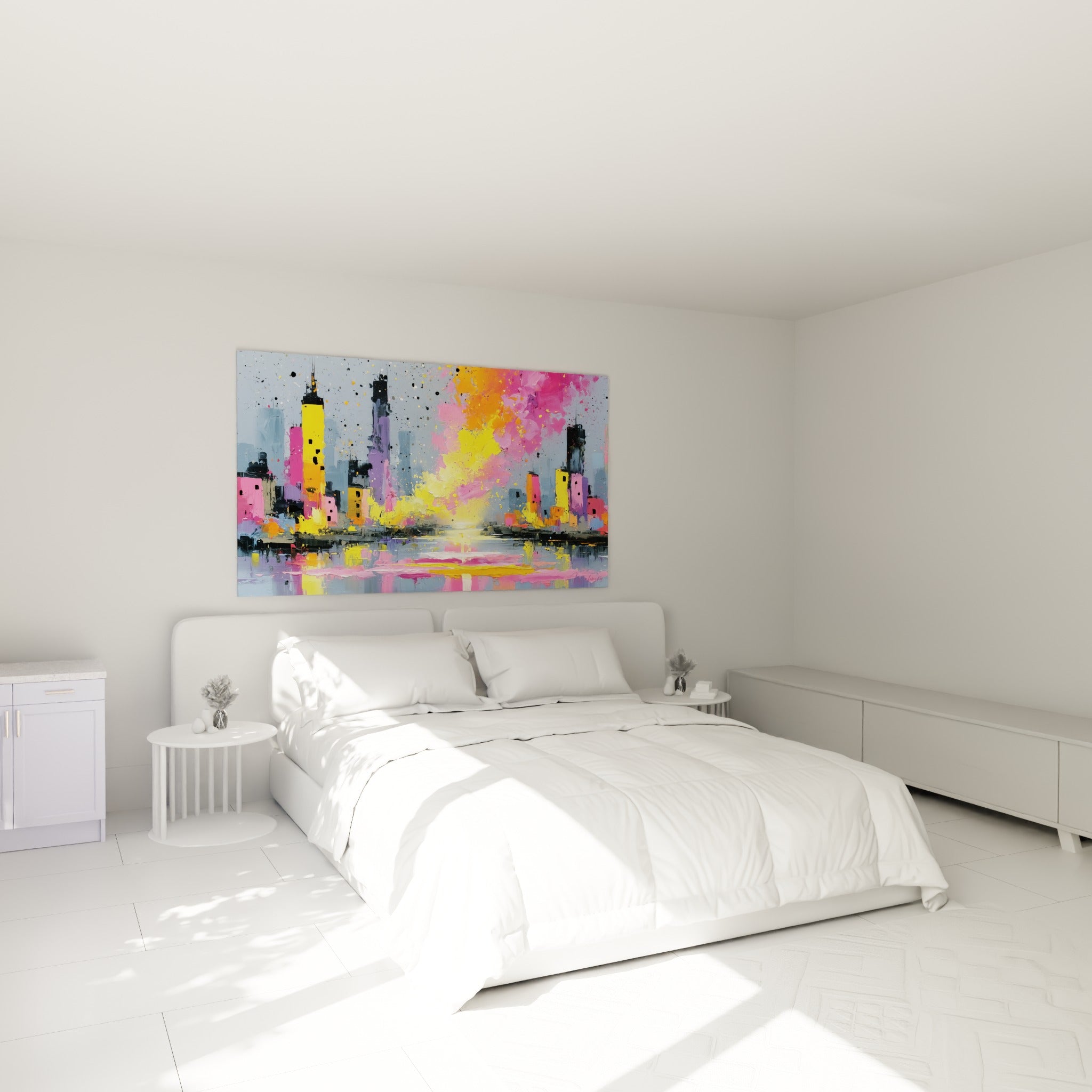 Gratte-ciels colorés jaune et rose éclatant au-dessus d'un lit dans une chambre claire