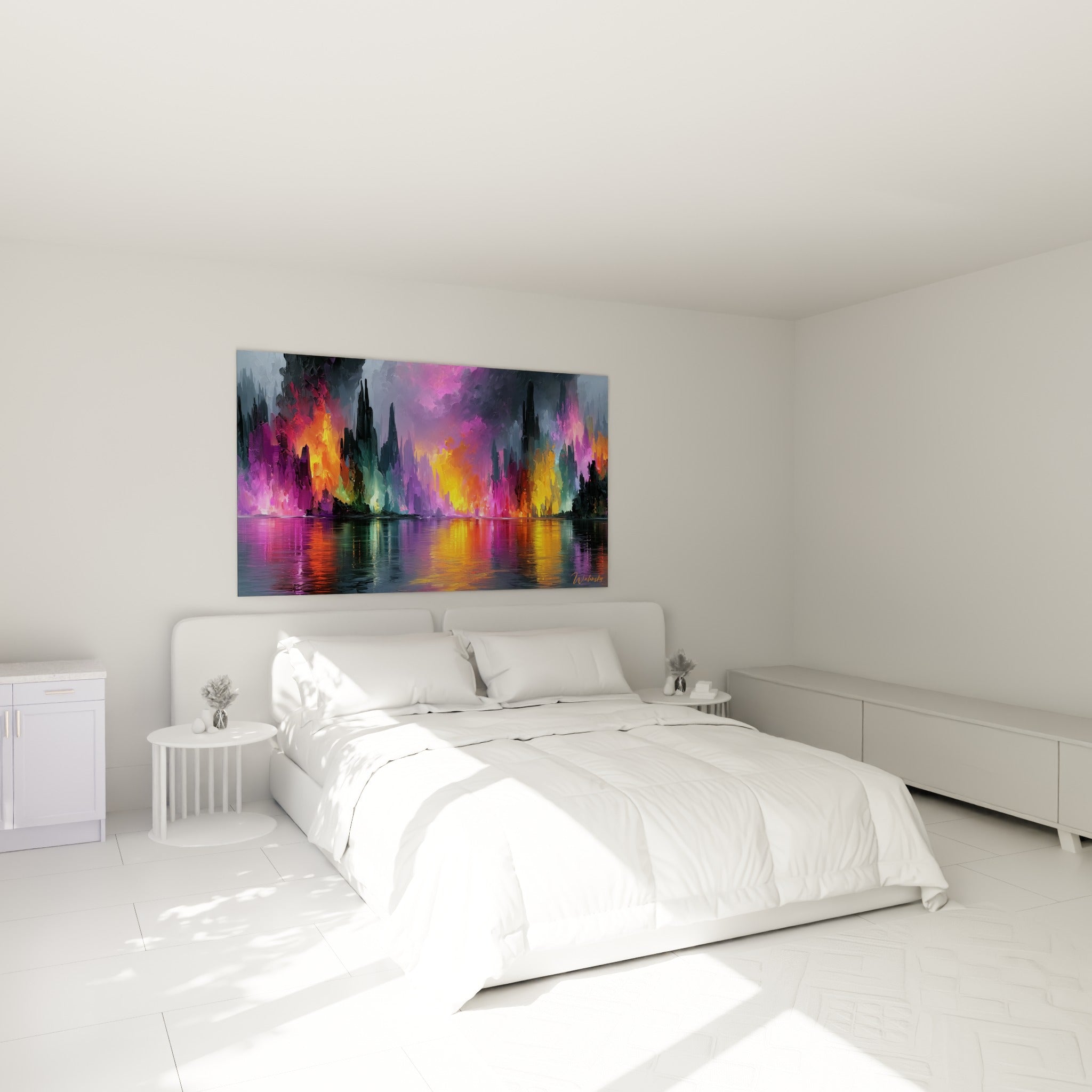 Gratte-ciels pourpres et orangés en fusion picturale, accrochés au-dessus d'un lit dans une chambre claire