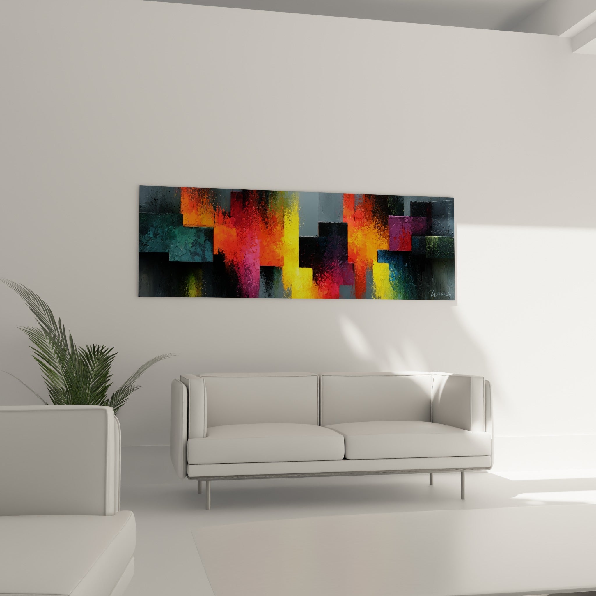 Blocs géométriques d'architecture abstrait mêlant gris ardoise et rouge incandescent, au-dessus d'un canapé dans un salon lumineux