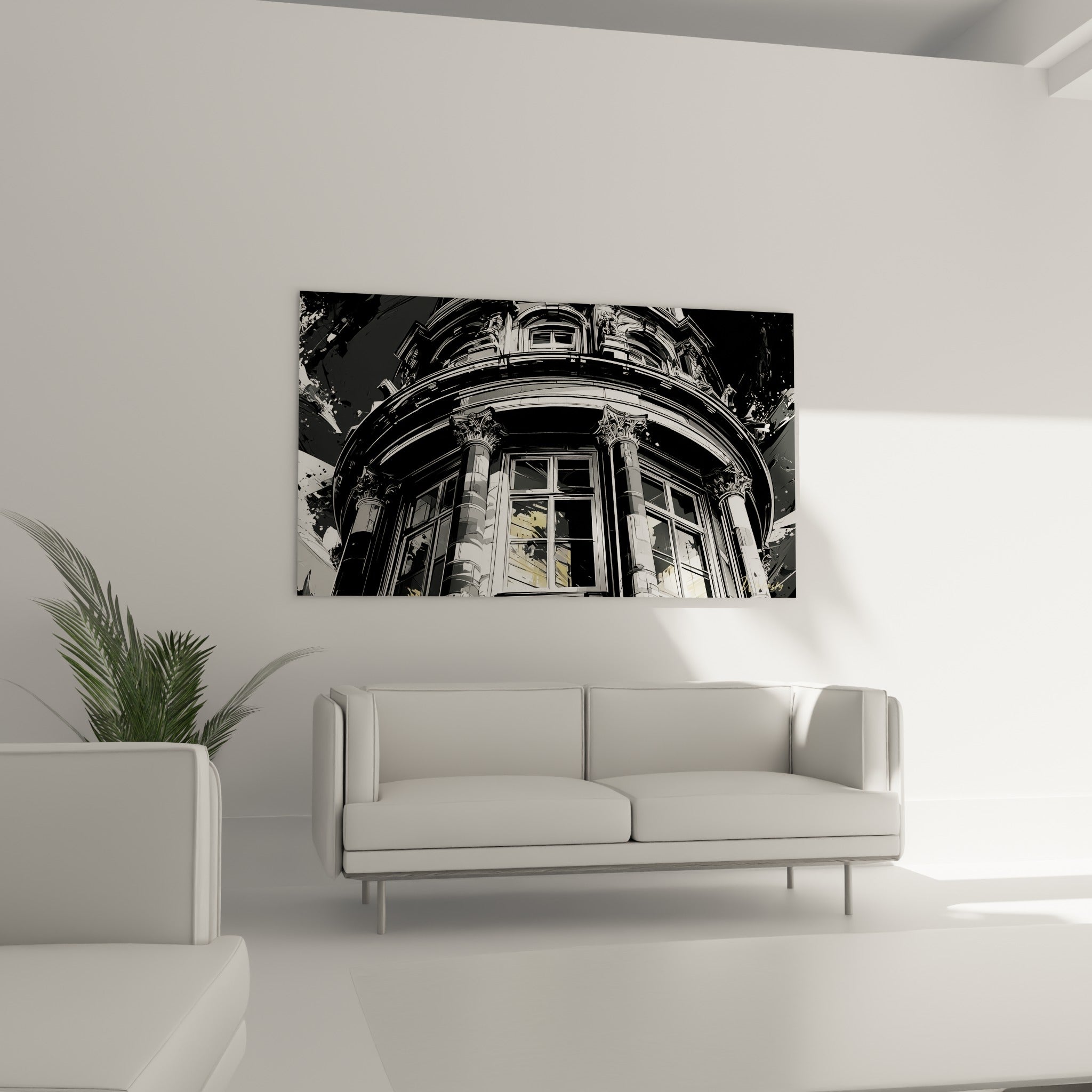 Colonnes corinthiennes en noir profond et blanc éclatant, au-dessus d'un canapé dans un salon lumineux