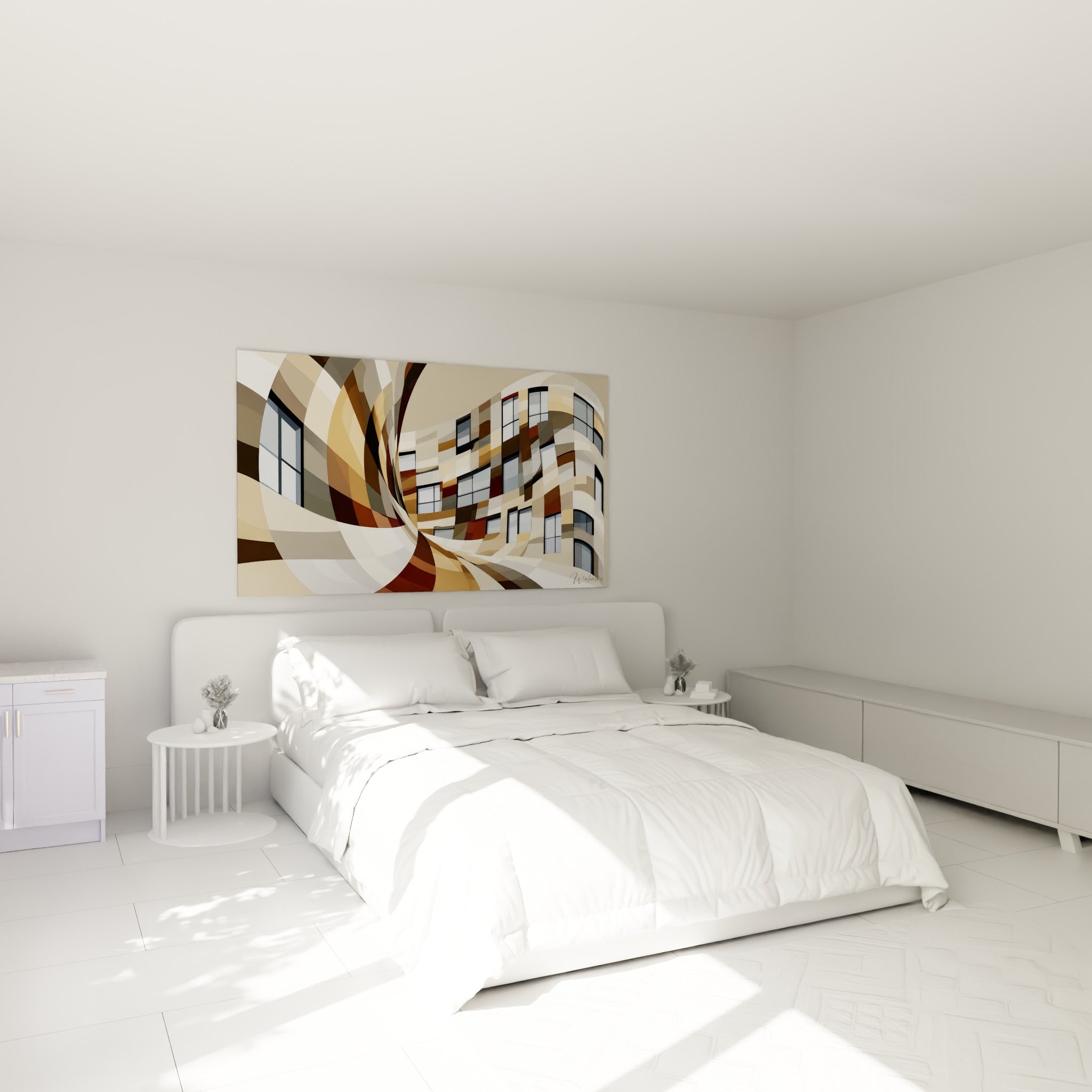 Façade en spirale brune et anthracite aux fenêtres bleutées, accrochée au-dessus d'un lit dans une chambre claire