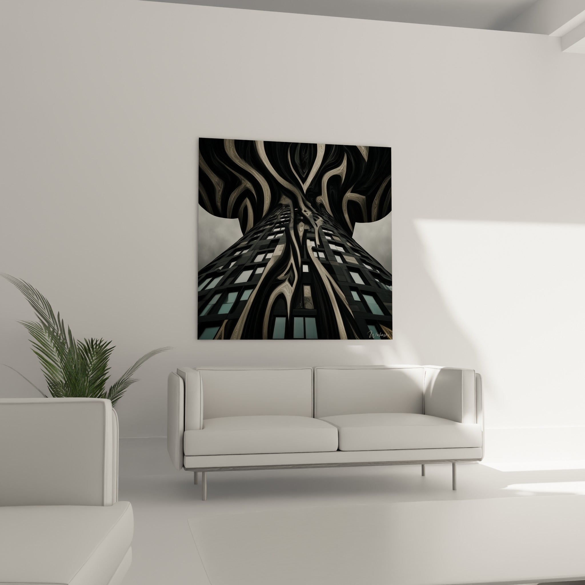 Immeuble noir et gris perle aux formes ondulantes placé au-dessus d'un canapé dans un salon lumineux
