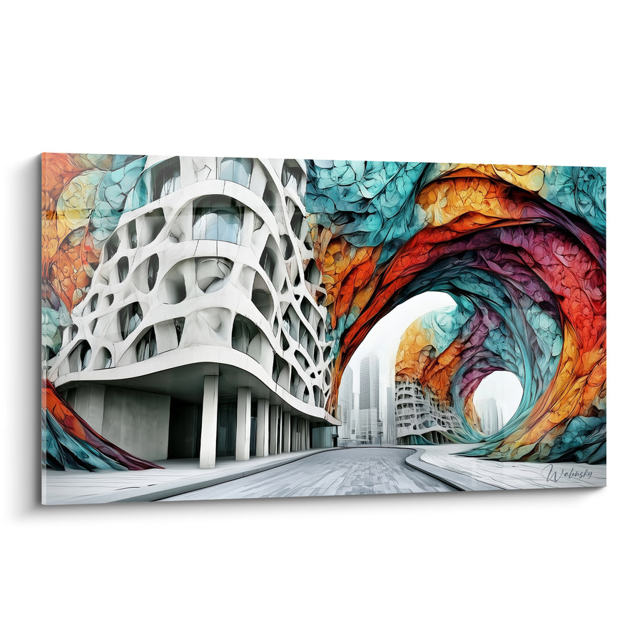 Tableau Immeuble blanc à tunnel corail turquoise - Vortex urbain - Edition Architecture abstrait