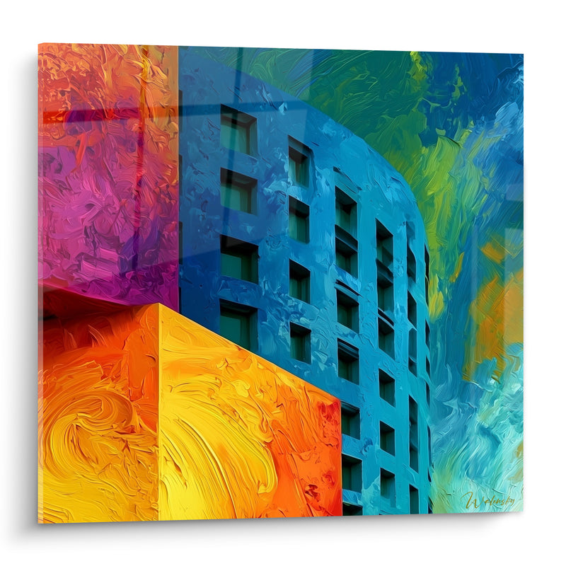 Tableau Immeuble bleu incurvé aux façades orange et magenta - Cité imaginaire - Edition Architecture abstrait