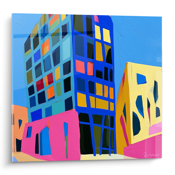 Cuadro Edificio azul y rosa con ventanas de colores - Ciudad alegre - Edición Arquitectura abstracta