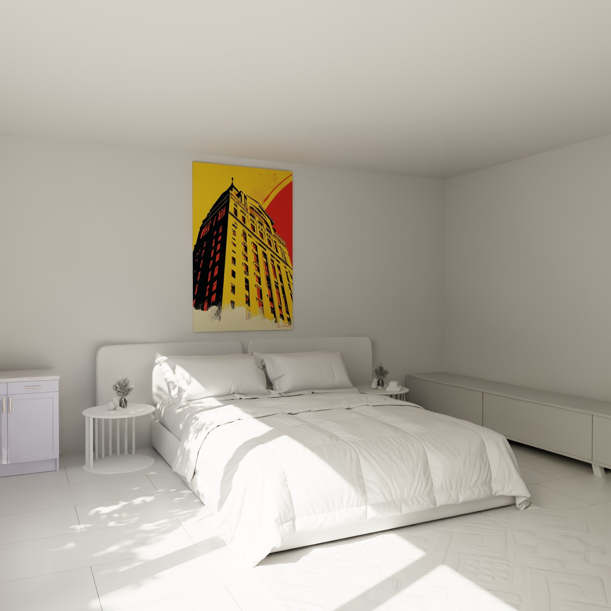 Immeuble stylisé jaune et rouge sang au-dessus d'un lit dans une chambre claire