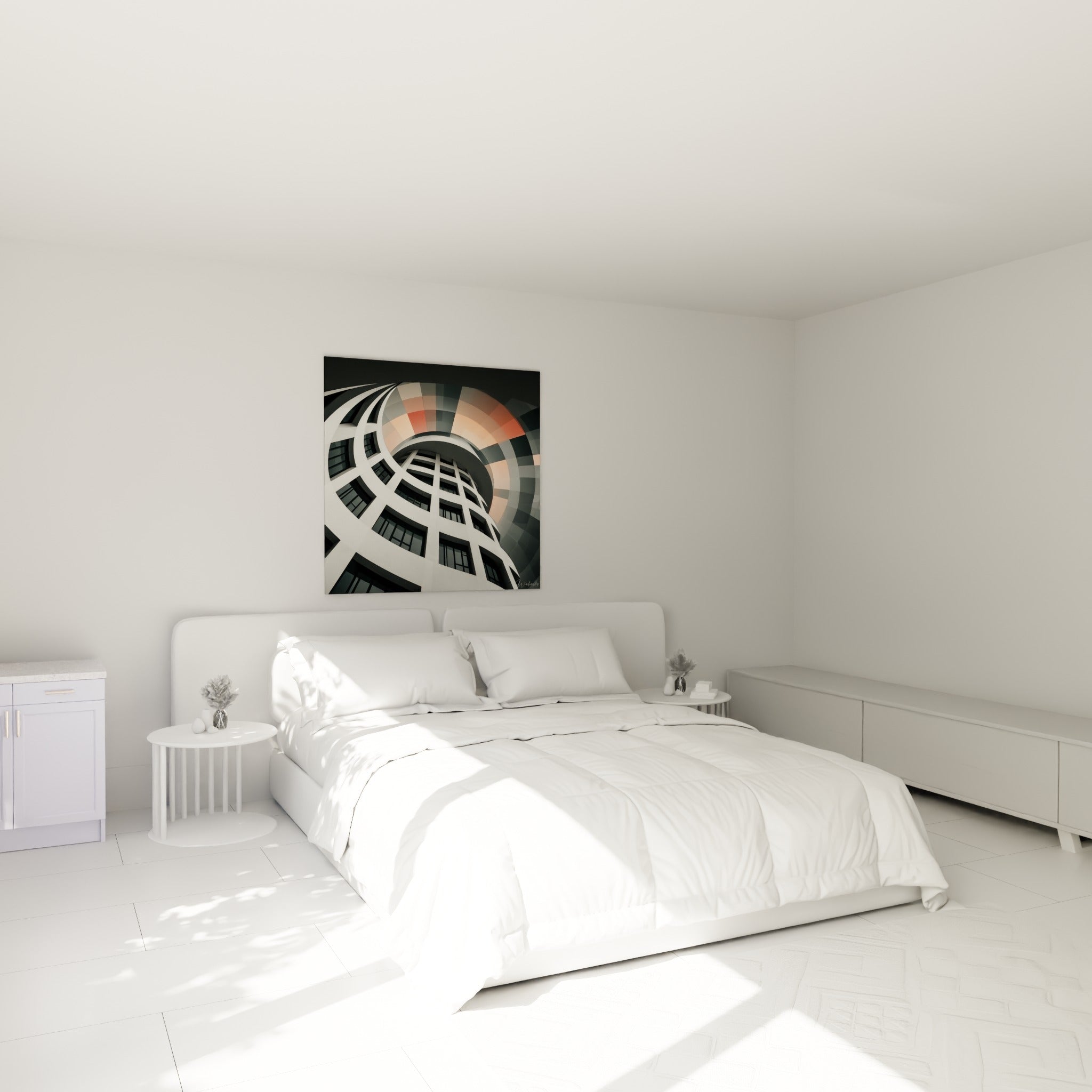 Immeuble incurvé blanc aux reflets corail, tableau architecture abstrait au-dessus d'un lit dans une chambre claire