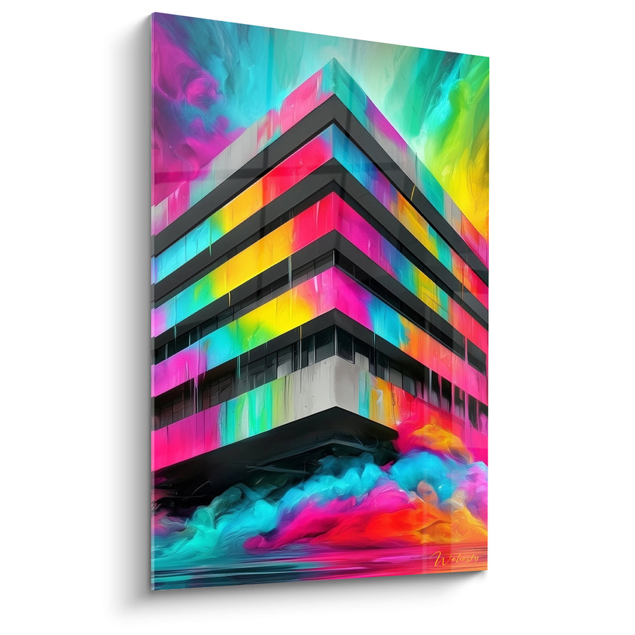 Tableau Immeuble anguleux turquoise et magenta aux nuées fumantes - Arête saillante colorée - Edition Architecture abstrait