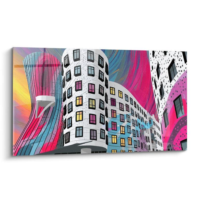 Tableau Immeuble blanc et rose aux fenêtres multicolores - Façade tourbillonnante moucheté noir - Edition Architecture abstrait