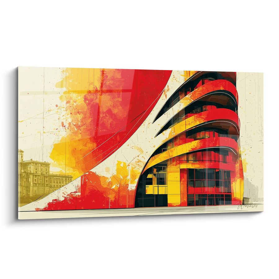 Tableau Bâtiment incurvé rouge et jaune aux balcons superposés - Éclaboussures picturales sur façade - Edition Architecture abstrait